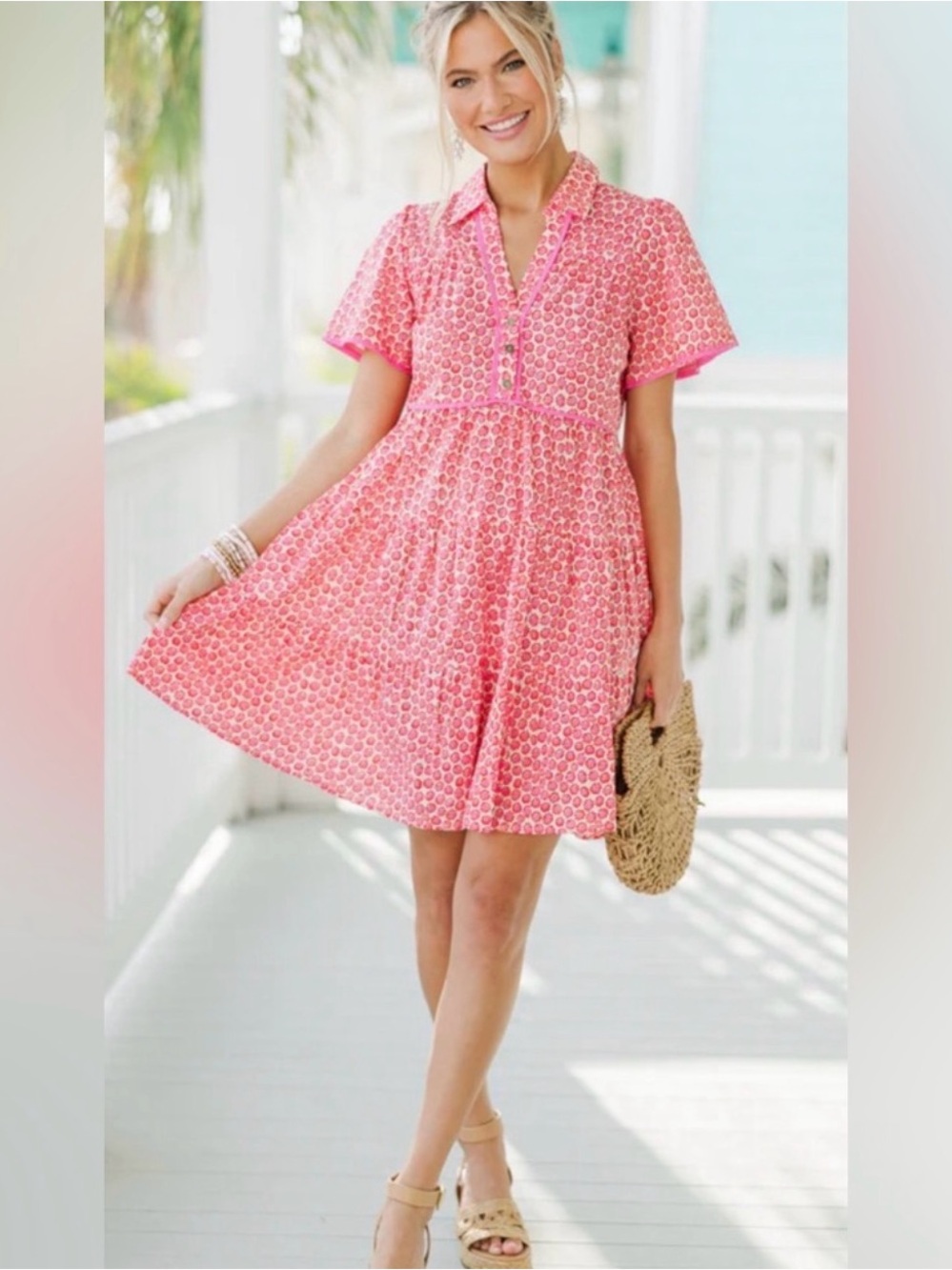 Umgee Pink Printed V-Neck Short Sleeve Swing Dress